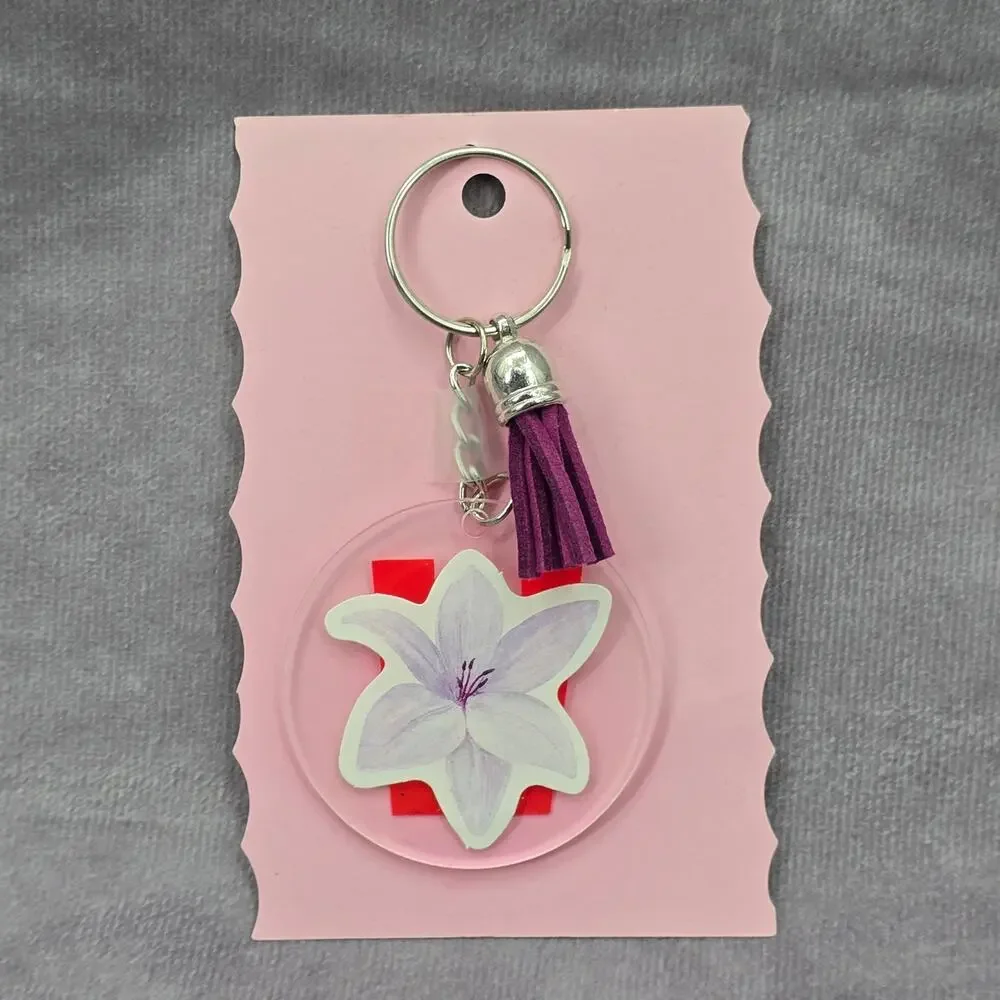 Letter Keychain Clear‎ Silver Circle Handmade Acrylic Tassel Flower W Purple